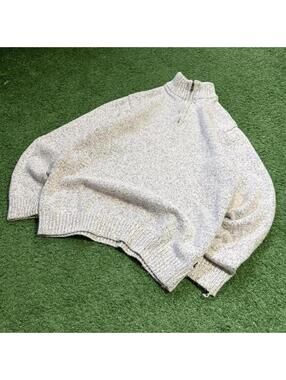 Chaps Quarter Zip Knit Sweater Medium Marled Pullover White Gray Preppy